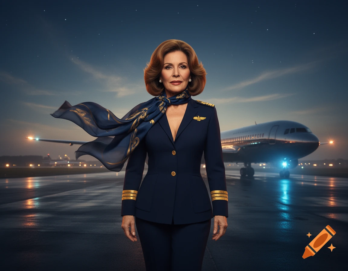 Photorealistic image of a female flight captain standing on an airfield at night with a large airplane in the background.