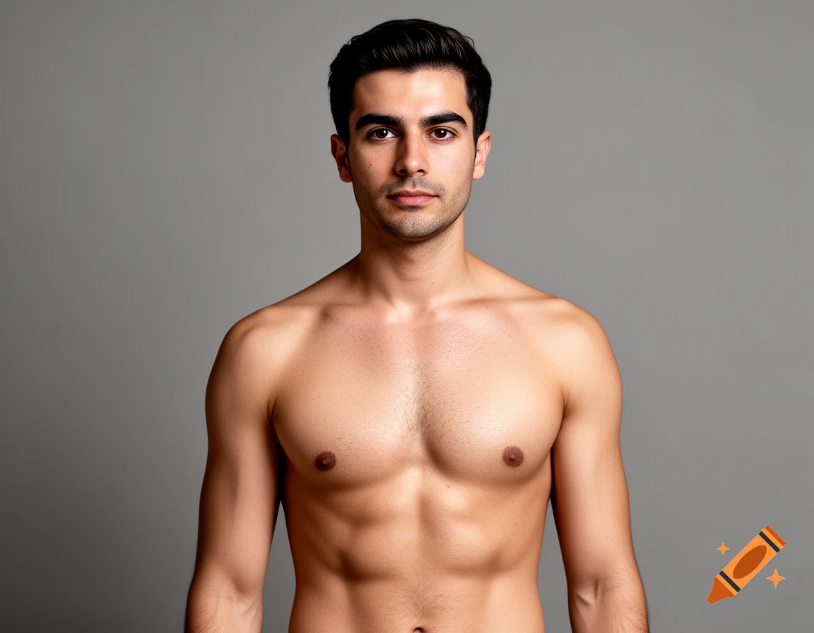 Photorealistic studio portrait of a shirtless man with dark hair against a grey background.