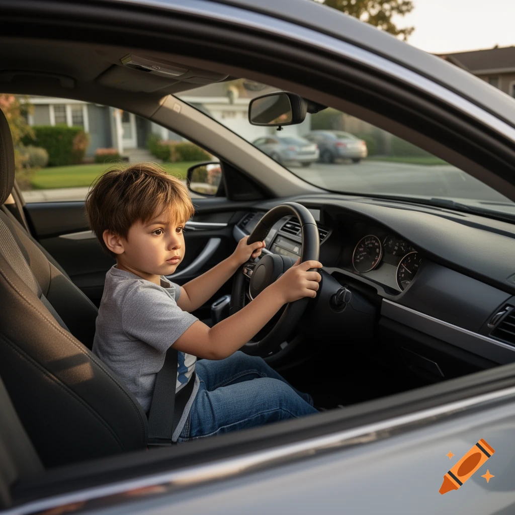 A young boy sitting in the driver's seat of a car, holding the steering wheel, photorealistic.