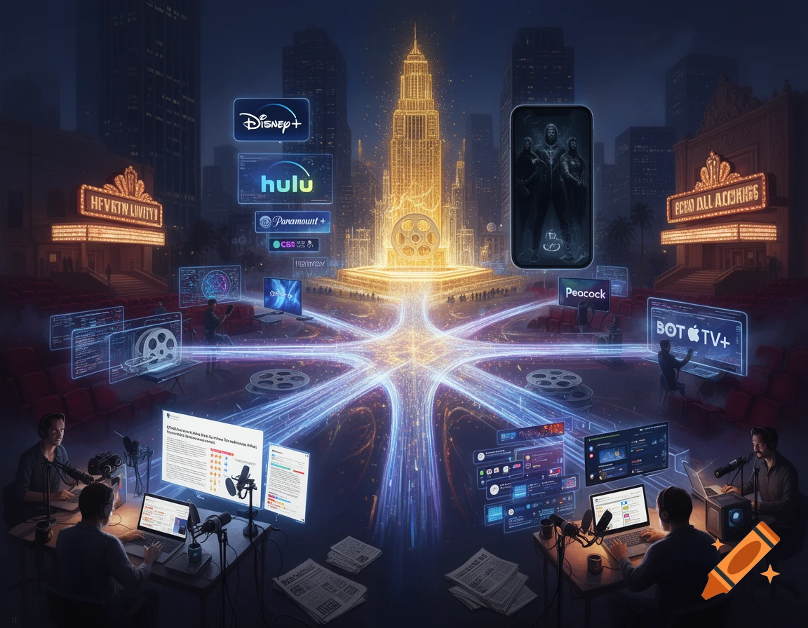 Digital art of streaming services like Disney+, Hulu, and Apple TV+ glowing in a futuristic city with creators working.