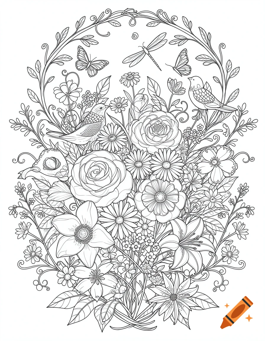 Black and white adult coloring page featuring a bouquet of flowers, butterflies, birds, and a dragonfly within a leafy frame.