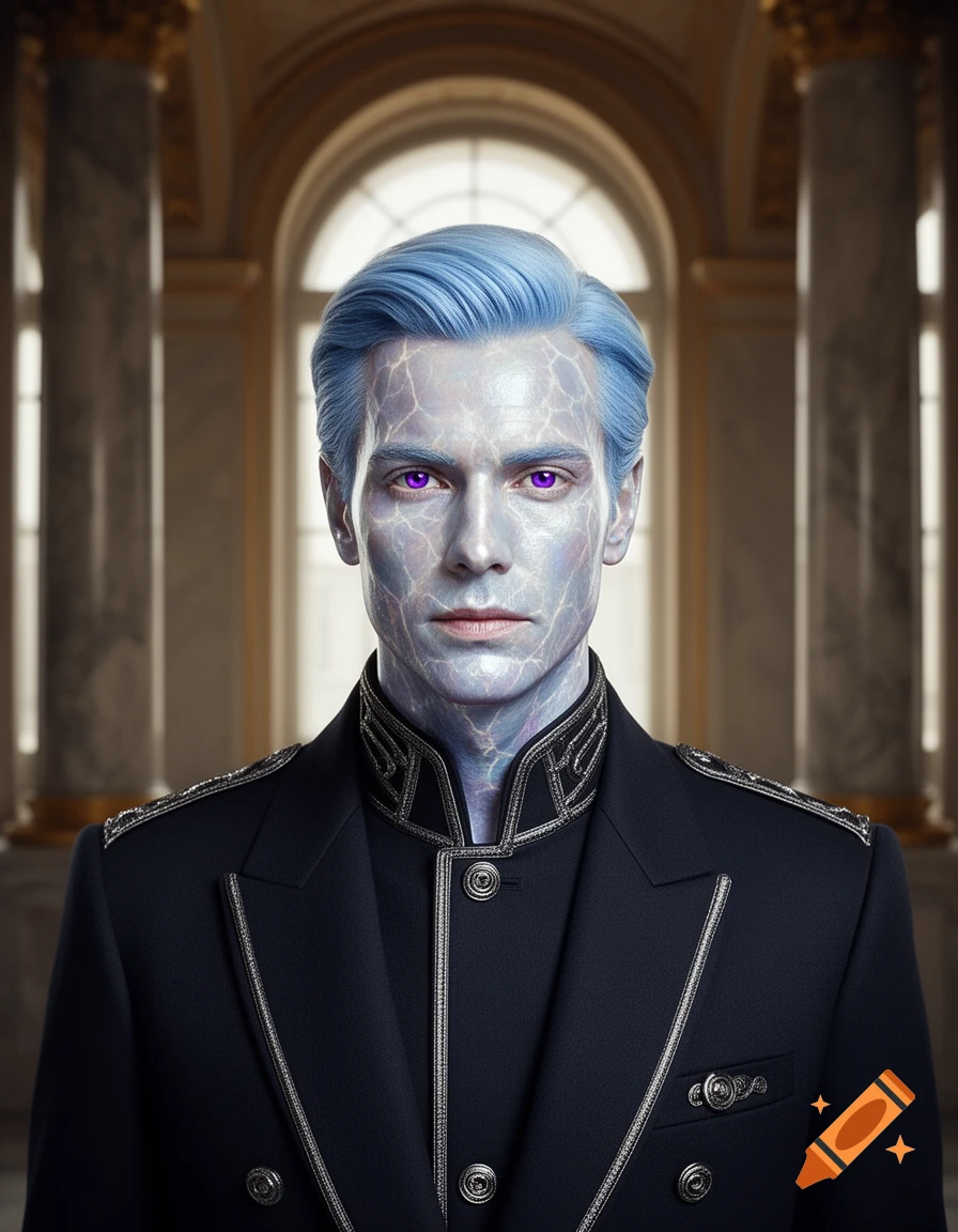Photorealistic portrait of a regal man with iridescent marble skin, purple eyes, and light blue hair in a formal uniform.