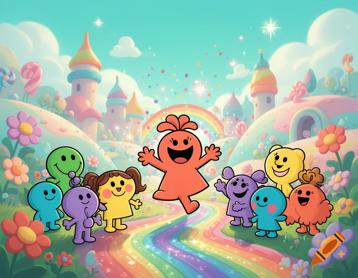 Colorful cartoon characters in a bright, whimsical rainbow kingdom with castles and candy.