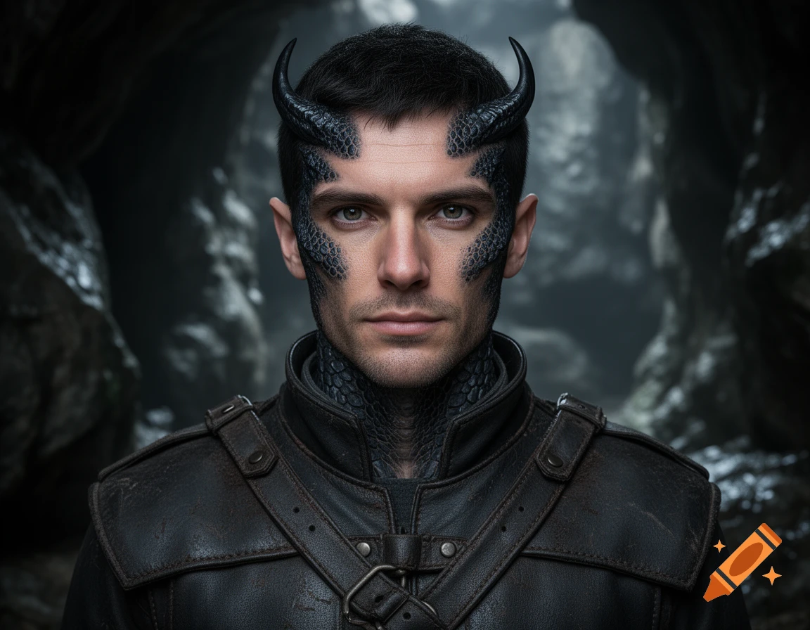 Photorealistic portrait of a human man with black dragon horns and scales on his face, wearing dark leather armor inside a cave.
