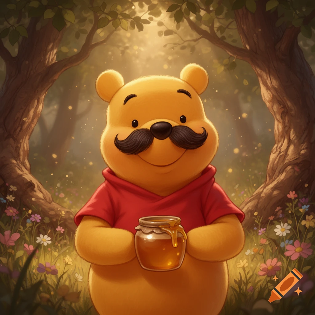 Winnie the Pooh with a large mustache wearing a red shirt in a sunny forest clearing, holding a honey pot, digital art style.