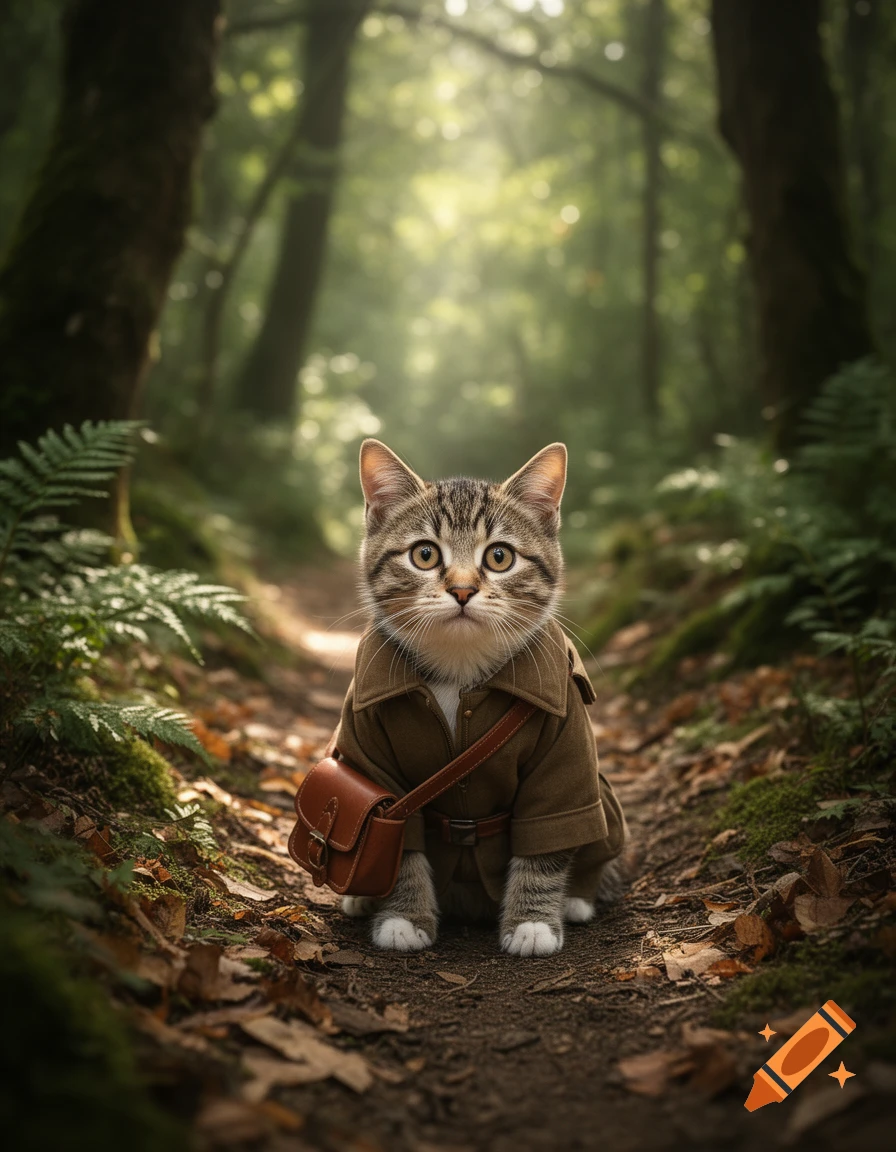 A photorealistic tabby kitten wearing a brown hunting jacket with a small leather bag, sitting on a trail in a lush forest.