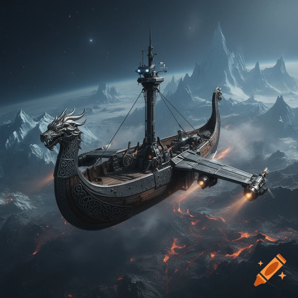 Photorealistic image of a Viking longship fitted with airplane wings and thrusters flying through a snowy mountainous landscape in space above a lava field.