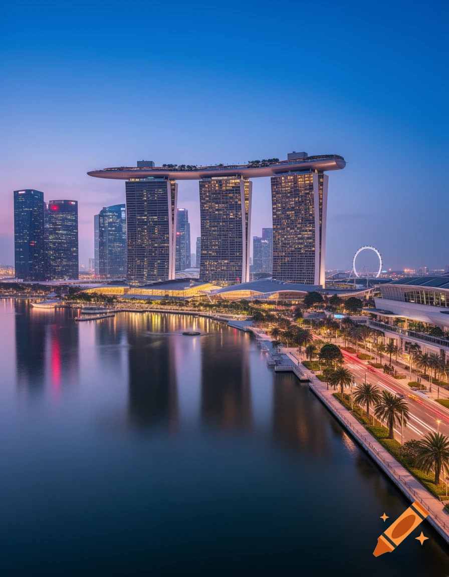 Photorealistic twilight view of Marina Bay Sands in Singapore with reflections in the water and city skyline.