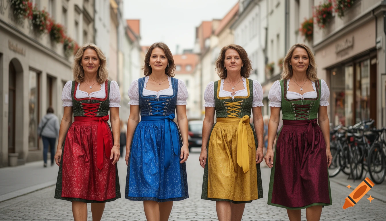 Four women walking down a cobblestone street wearing colorful traditional dirndl outfits, photorealistic.