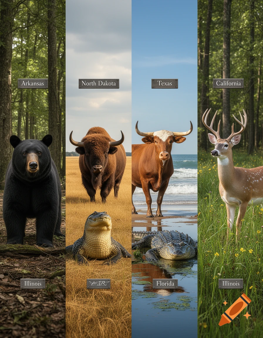 A vertical multi-panel image depicting different North American animals and states, featuring a black bear, bison, alligator, longhorn, and deer.
