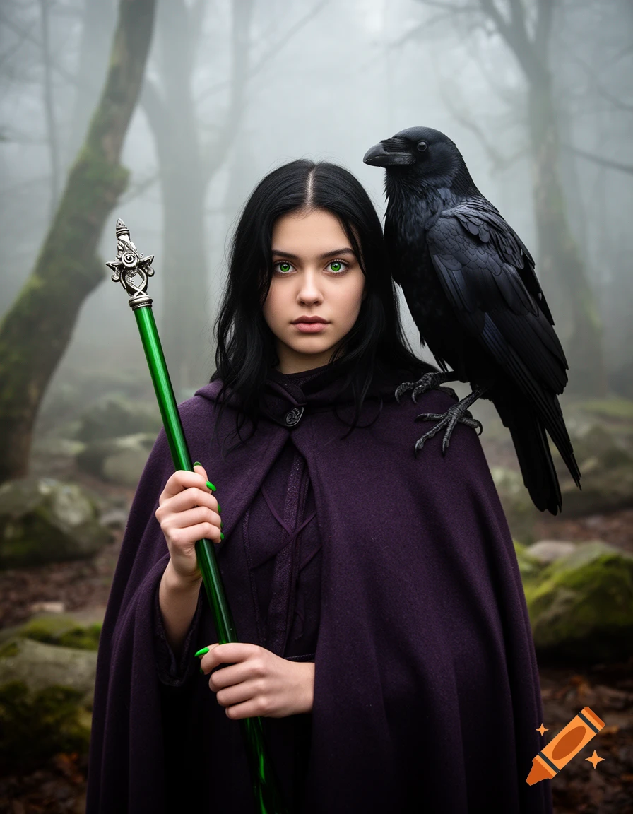 Photorealistic portrait of a young woman with dark hair, green eyes, and green fingernails, wearing a purple cloak with a raven on her shoulder, holding a green scepter in a misty forest.