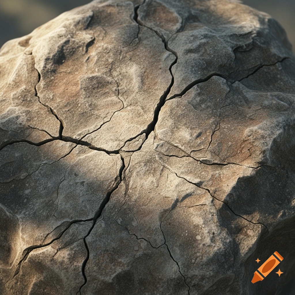 Close-up of a cracked and fractured grey and brown stone surface with dramatic lighting.