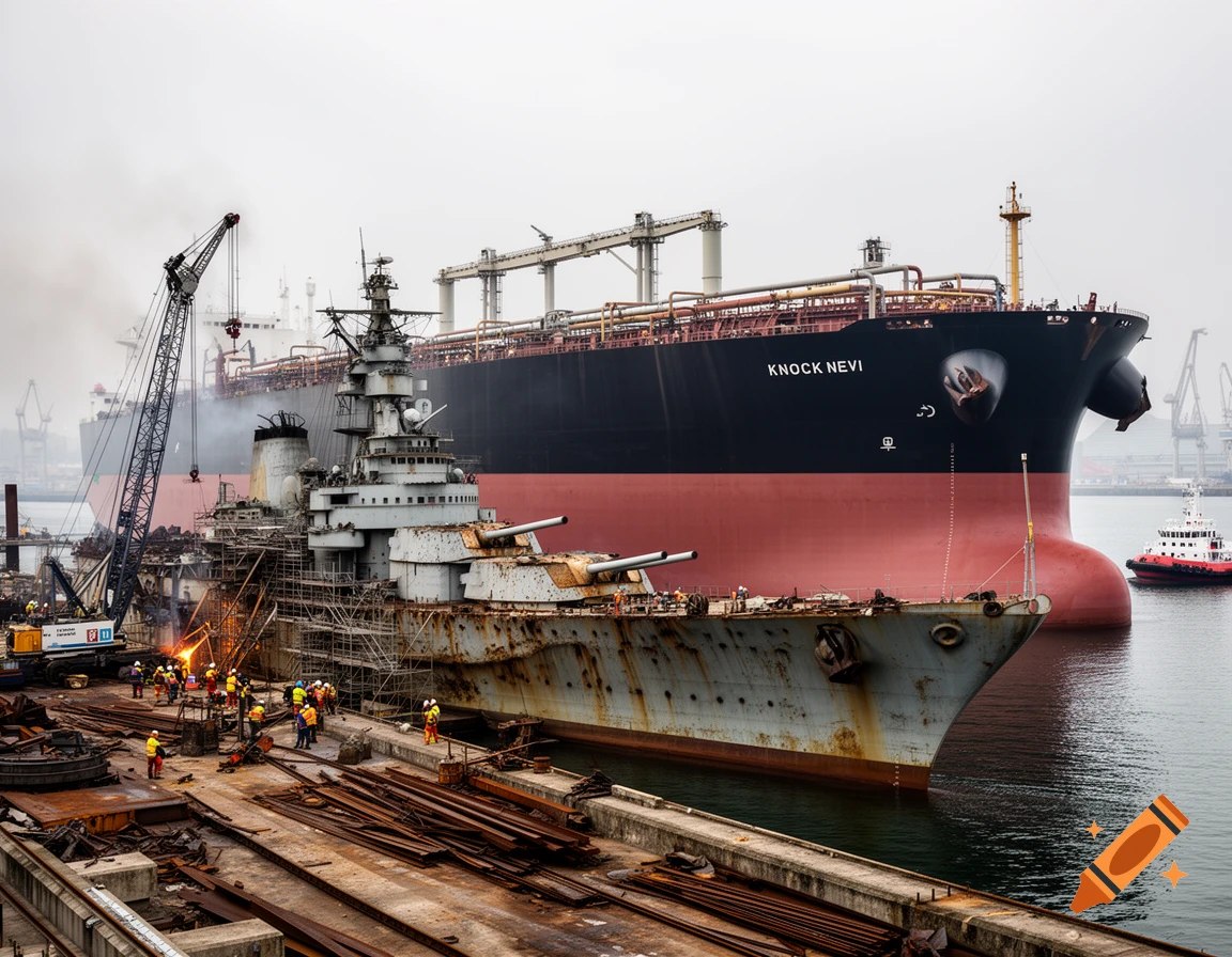 A rusty warship being scrapped in a drydock next to the giant supertanker Knock Nevis.