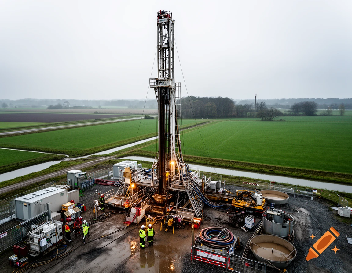 Aerial photorealistic view of a geothermal drilling rig in a rural landscape with green fields.