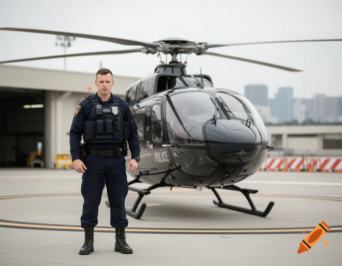 Photorealistic image of a police officer in uniform standing in front of a black police helicopter on a tarmac.