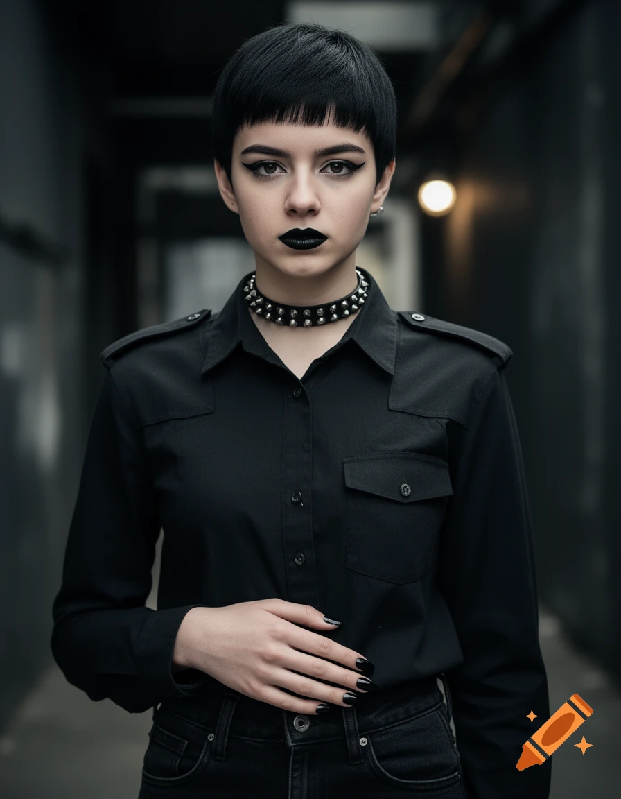 Photorealistic portrait of a 16-year-old alternative emo teenager with a black pixie cut, eyeliner, dark lipstick, and a studded choker.