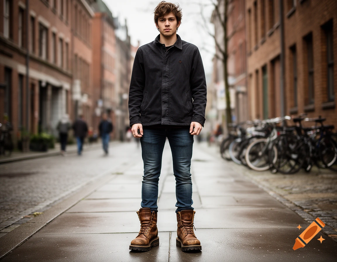 Photorealistic full-length portrait of a young man wearing a dark jacket, jeans, and heavy leather boots on a city street.