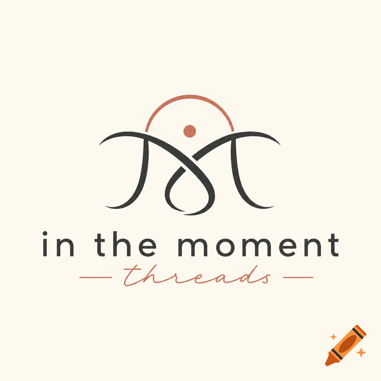 Logo design featuring the text in the moment threads with an abstract symbol above it on a beige background.