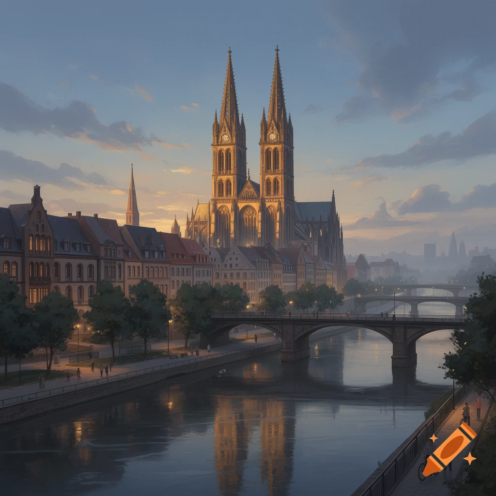 Digital illustration of a large gothic cathedral by a river at sunset with bridges and buildings, Magdeburg style.