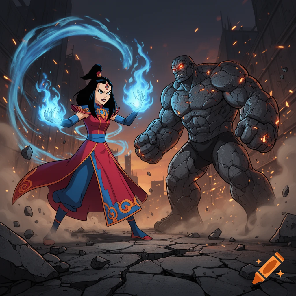 Azula from Avatar controlling blue fire facing off against Cinder Block from Teen Titans in a ruined city, animated style.