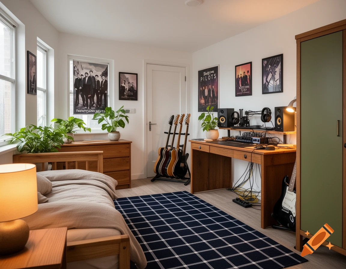 Photorealistic bedroom with a wooden bed, desk setup with monitors, guitars on a stand, blue plaid rug, and plants.