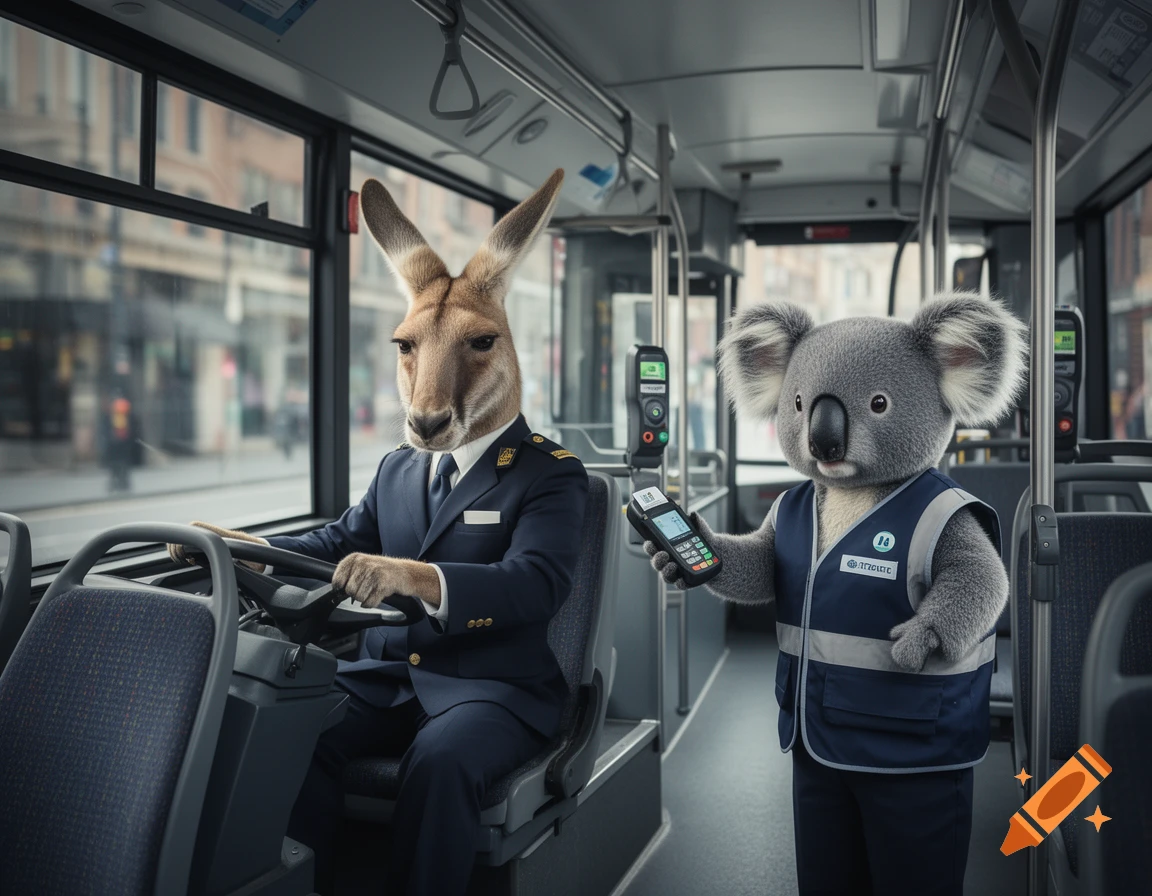 An anthropomorphic kangaroo in a uniform driving a bus, and a koala in a uniform holding a ticket validator, photorealistic style.