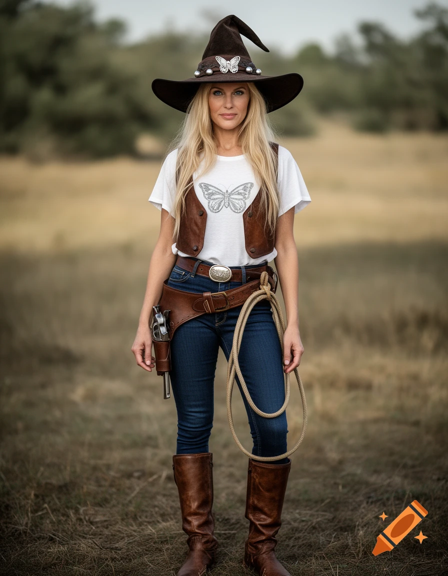 Photorealistic full-body portrait of a blonde woman dressed as a cowgirl with a witch hat, revolver, and lasso in a field.