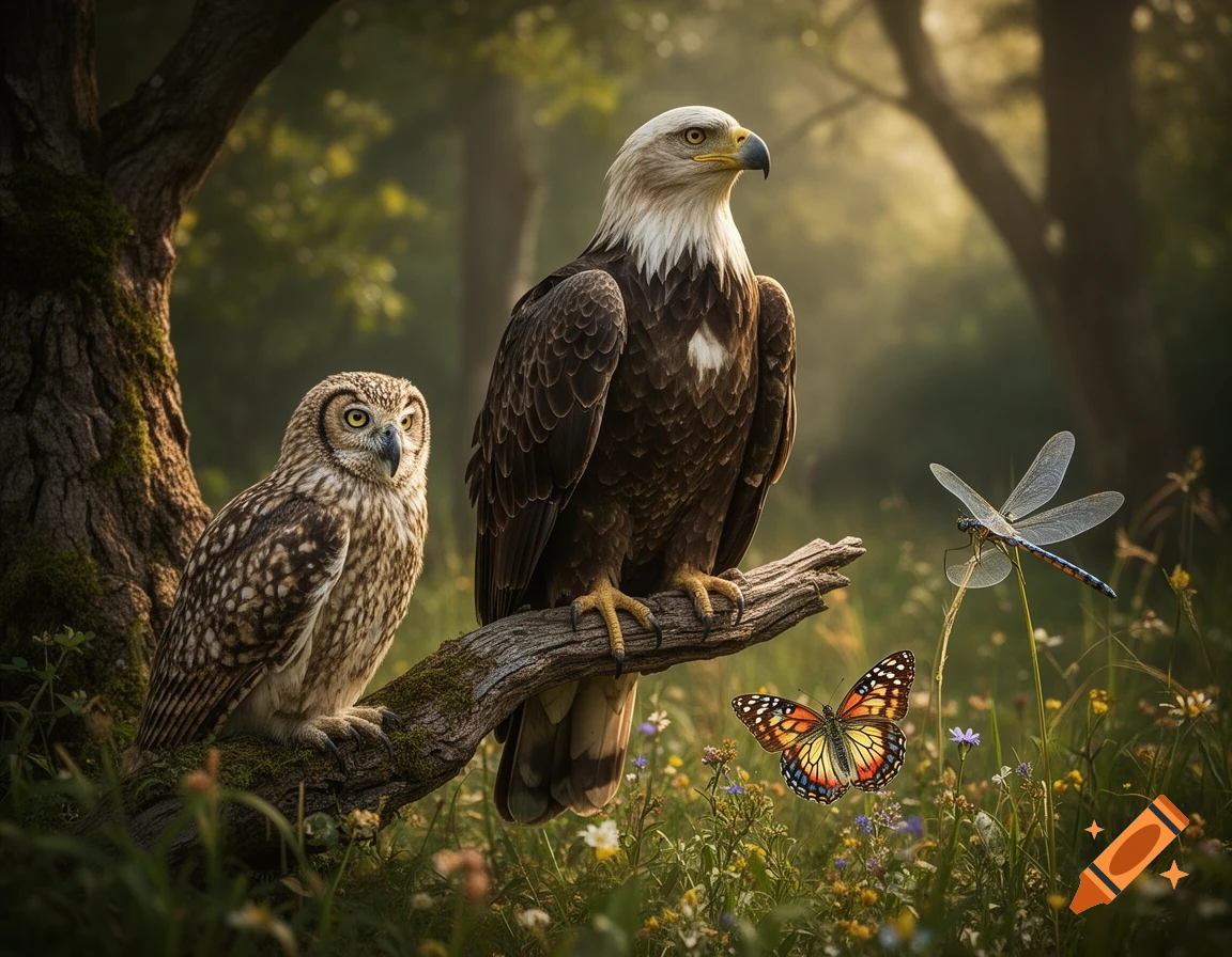 Photorealistic image of a bald eagle and an owl perched on a branch, with a butterfly and dragonfly in a forest.