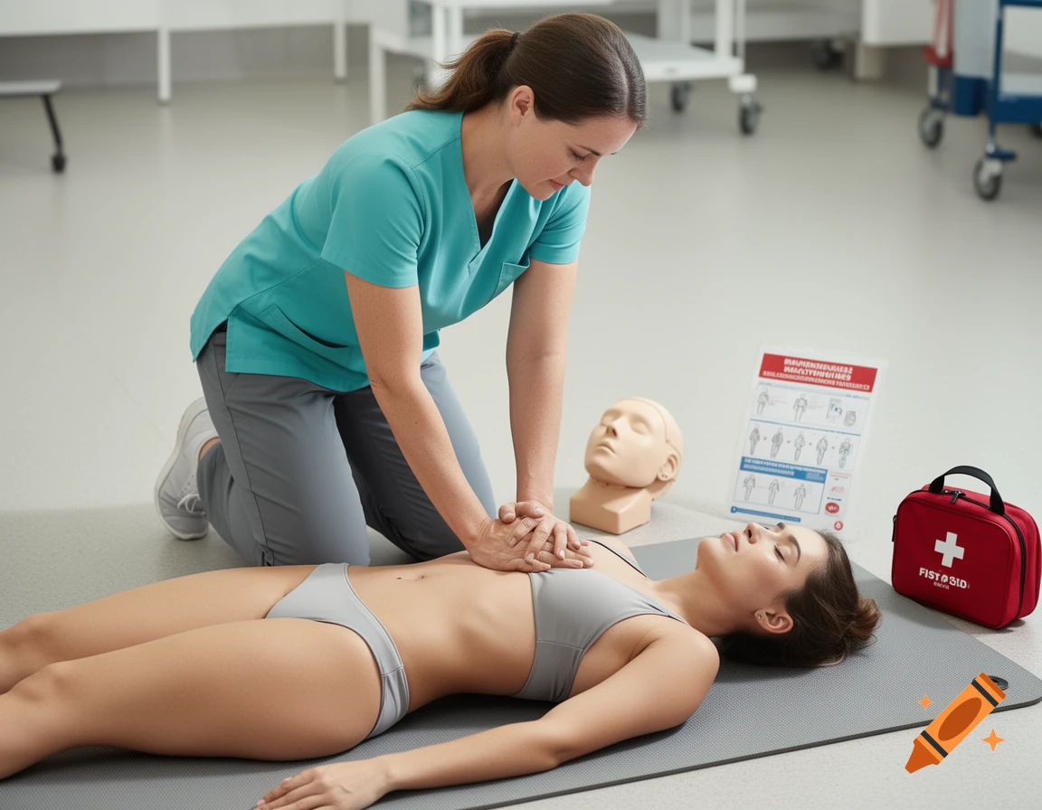 Photorealistic image of a nurse practicing CPR on a medical mannequin wearing a grey bikini, with a first aid kit and instructional poster nearby.