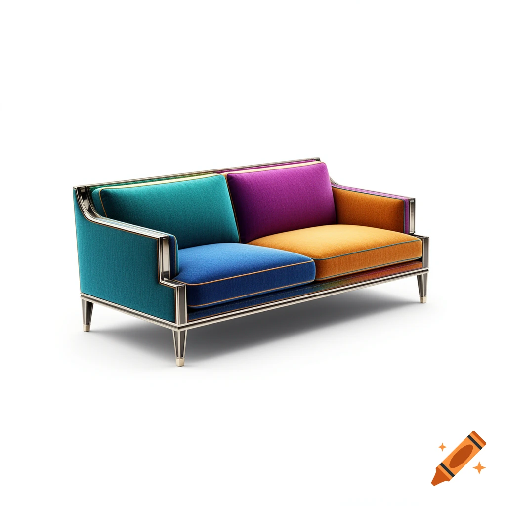 A colorful modern sofa with turquoise, purple, blue, and orange cushions and metallic frame on a pure white background.