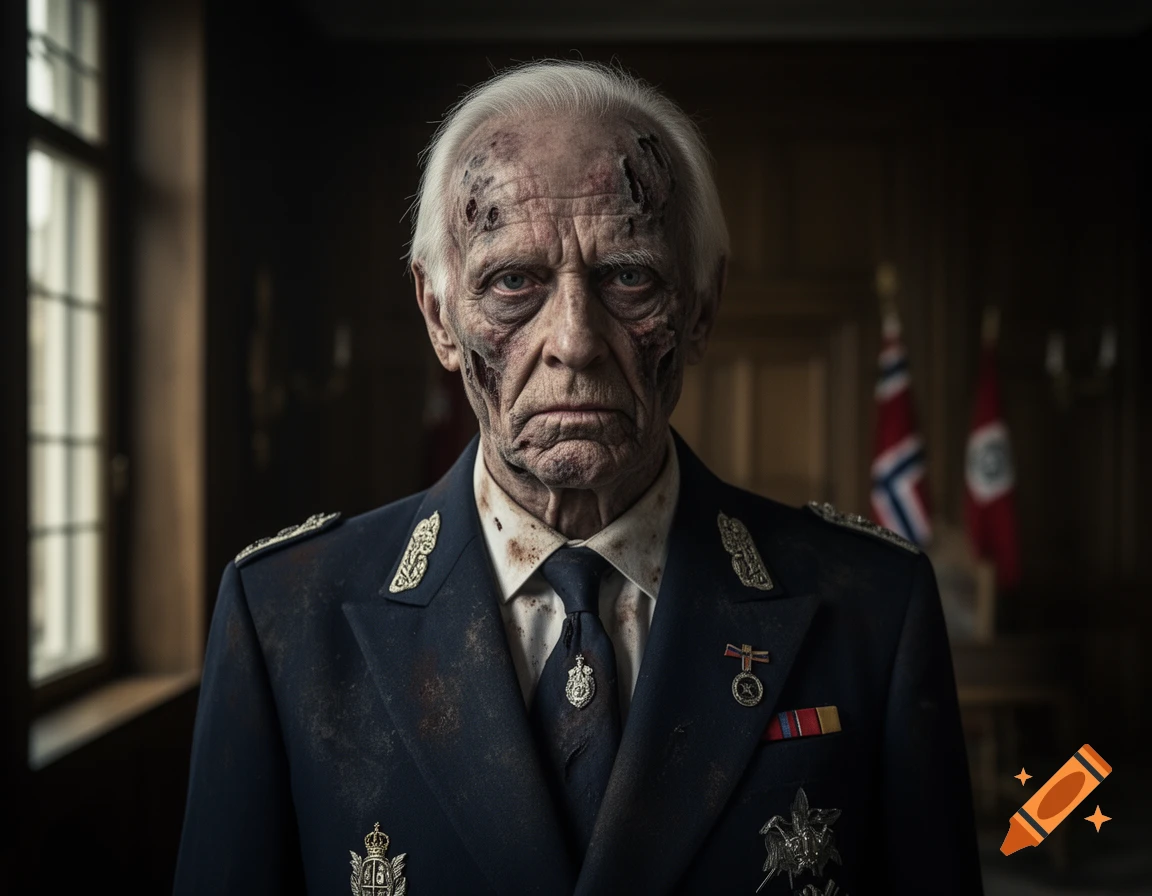 Photorealistic portrait of an elderly man with zombie-like decay on his face, wearing a military uniform.