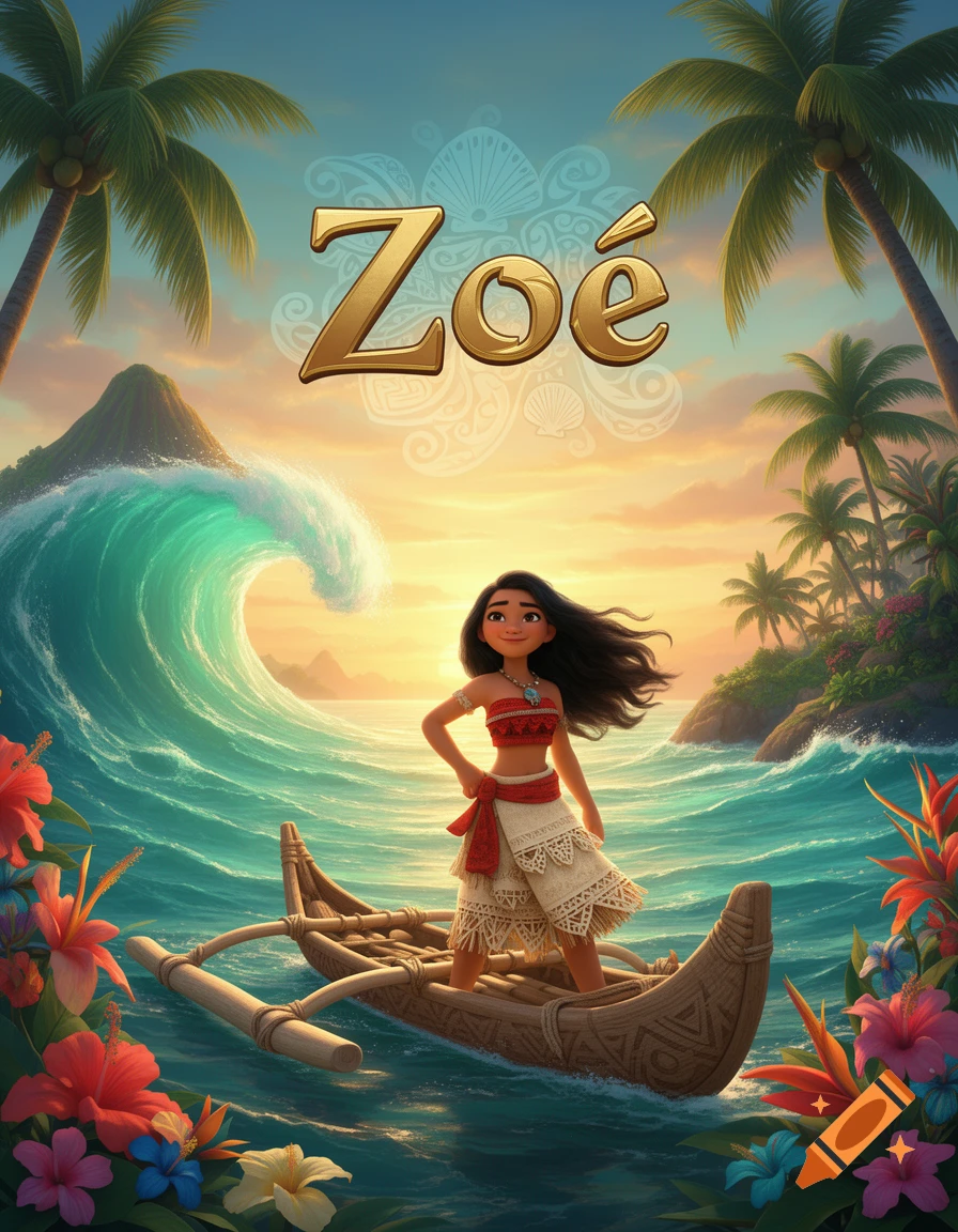 3D animated movie poster featuring a girl standing in a wooden canoe on the ocean with tropical islands and palm trees in the background, with the text 'Zoé' at the top.