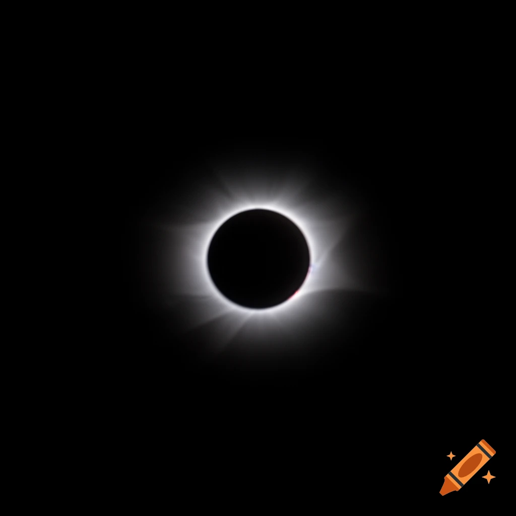 A blurry photo of a total solar eclipse with a dark central moon and a glowing white corona against a black sky.