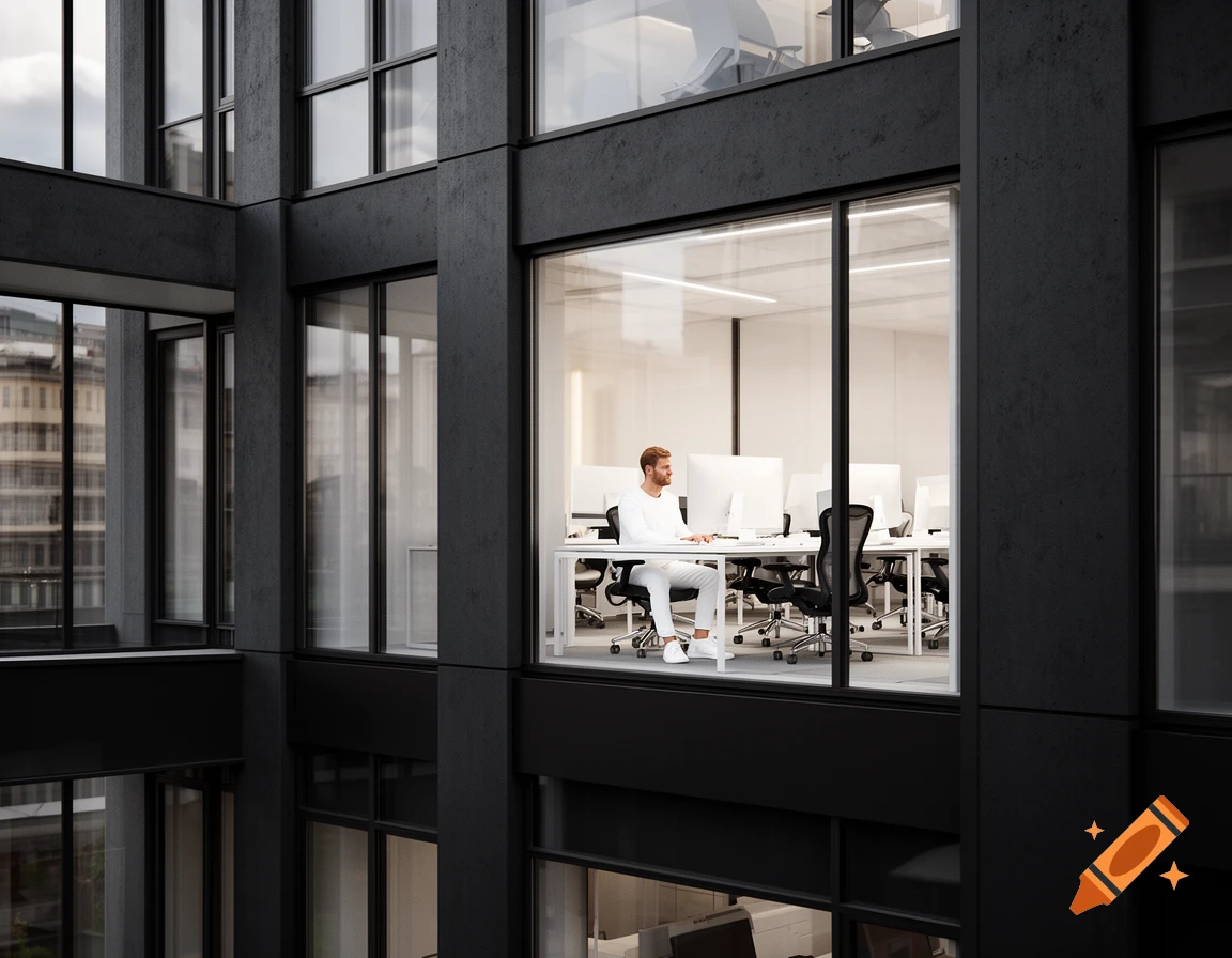 Exterior view of a dark gray office building showing a lit interior office with a man seated at a desk with white computer equipment.