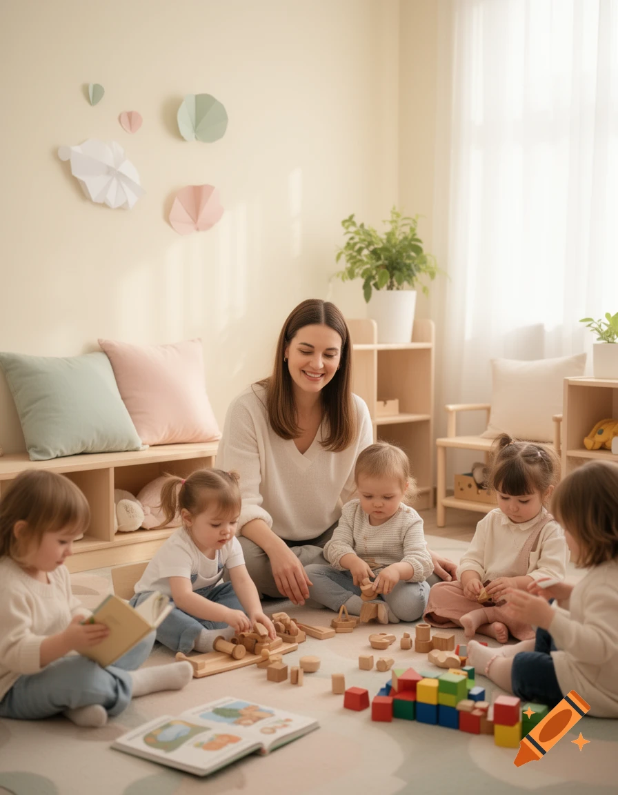 A female daycare assistant playing with a group of young children with wooden toys in a bright, cozy room.
