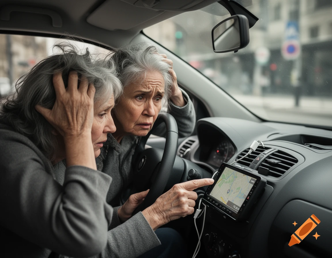 Photorealistic image of two elderly women looking stressed and pulling their hair while looking at a car navigation system.