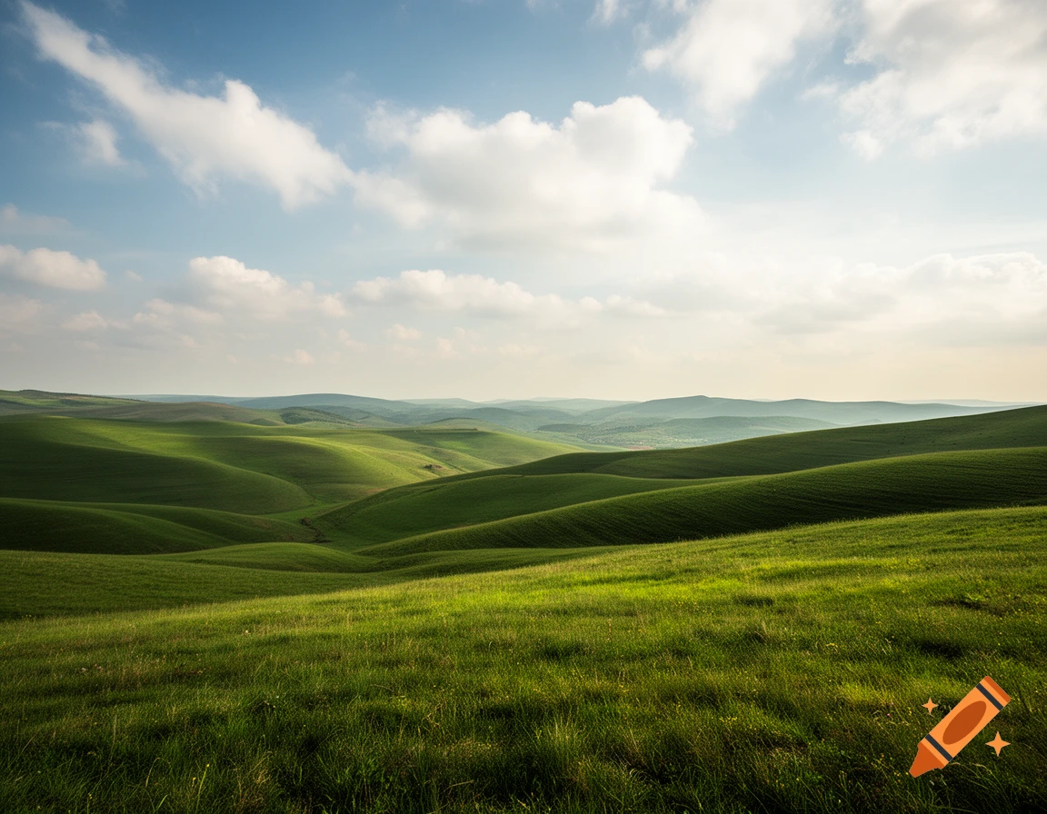 Photorealistic landscape of rolling green hills under a blue sky with soft white clouds.