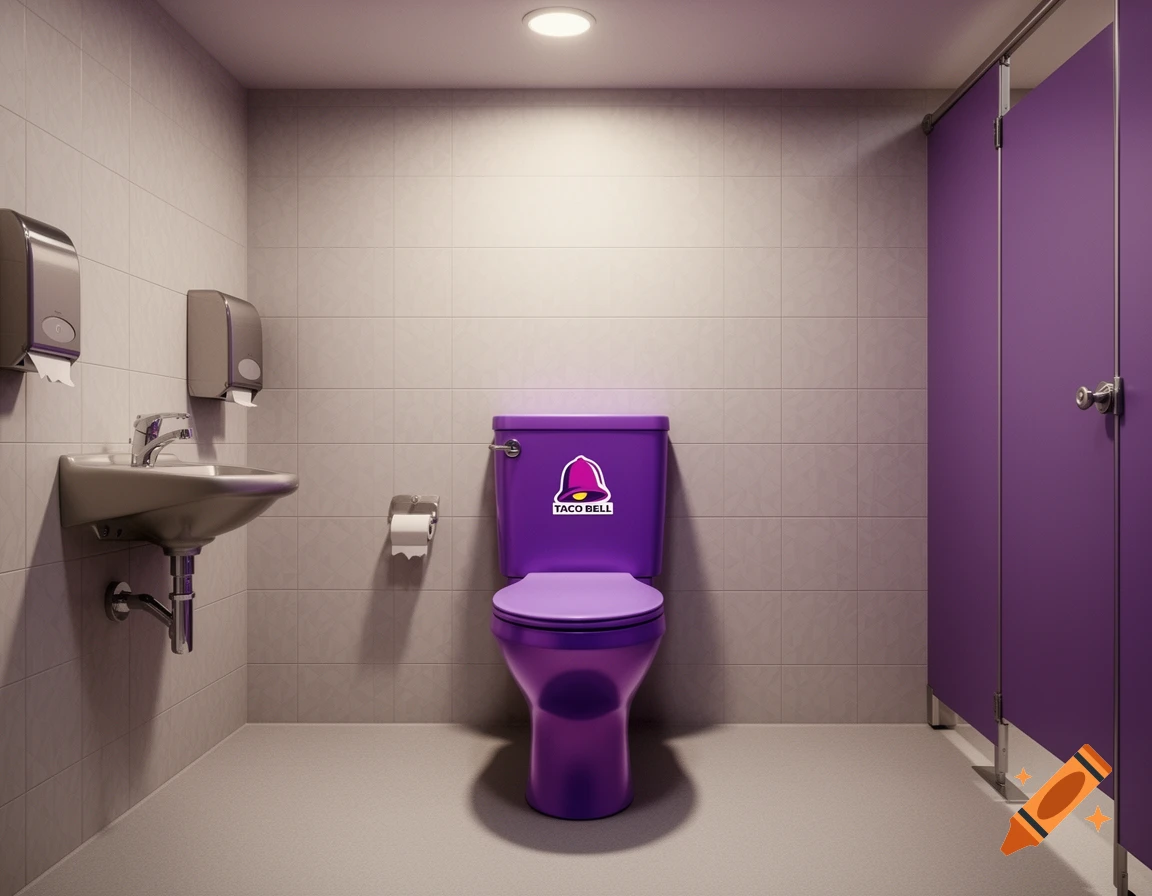 Photorealistic image of a public restroom with a purple toilet featuring the Taco Bell logo, purple stalls, and a sink.