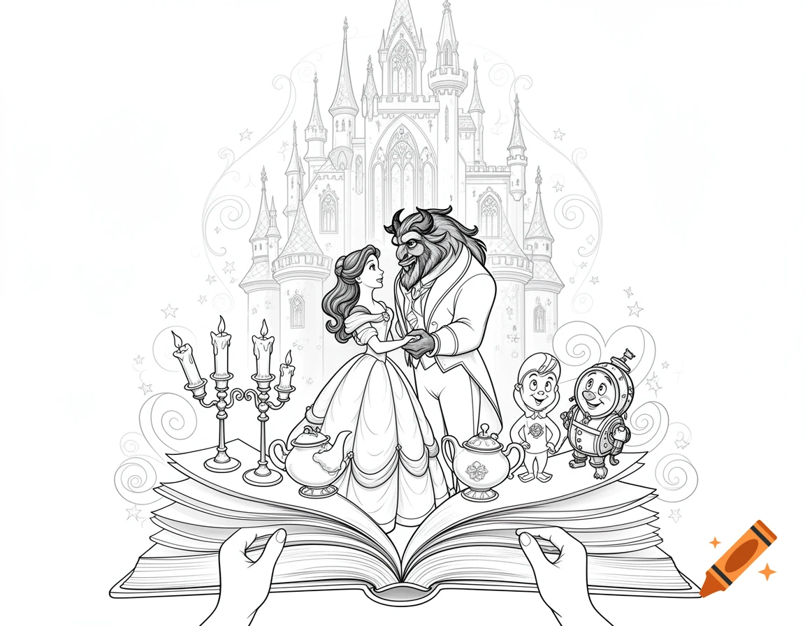 Black and white coloring book page featuring Disney characters Belle and the Beast dancing, emerging from an open book with a castle in the background.