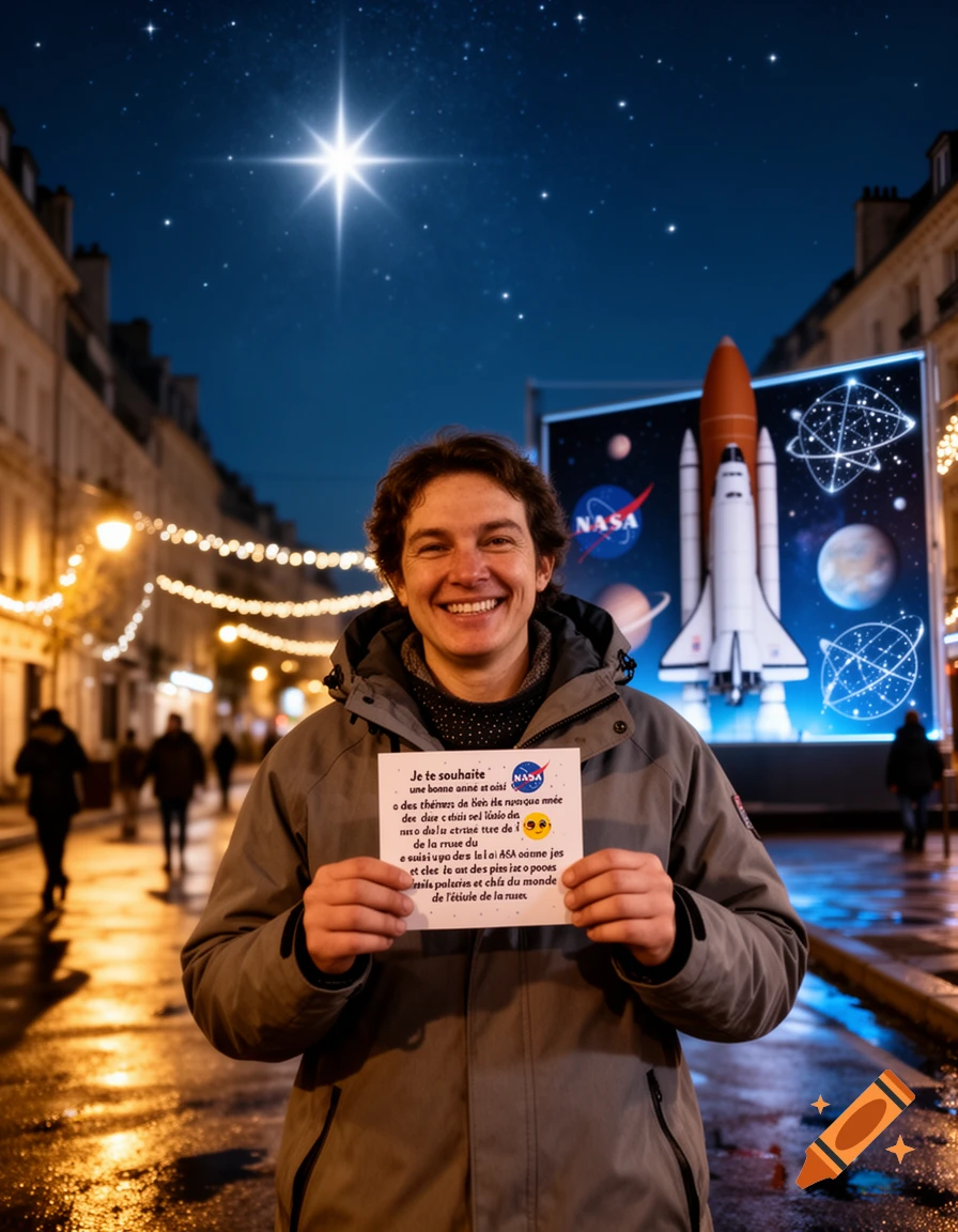 Photorealistic image of a smiling man holding a sign with garbled text in a city street at night, with a space shuttle display in the background.