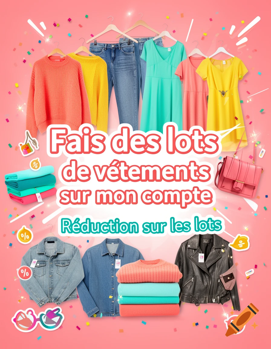 Vinted promotional poster with clothing items, hangers, pink background, and French text offering discounts on bundles.