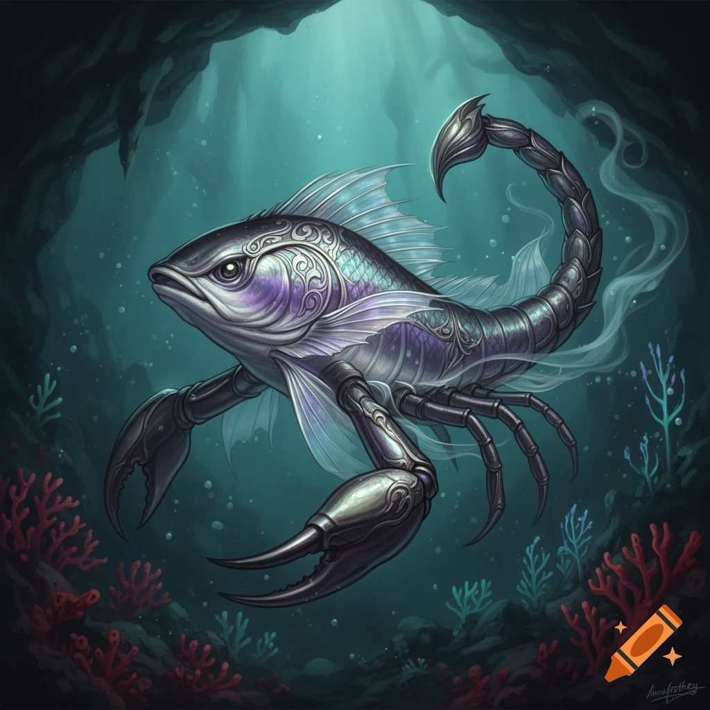 Stylized digital drawing of a hybrid creature with the body of a fish and the tail and claws of a scorpion, underwater.