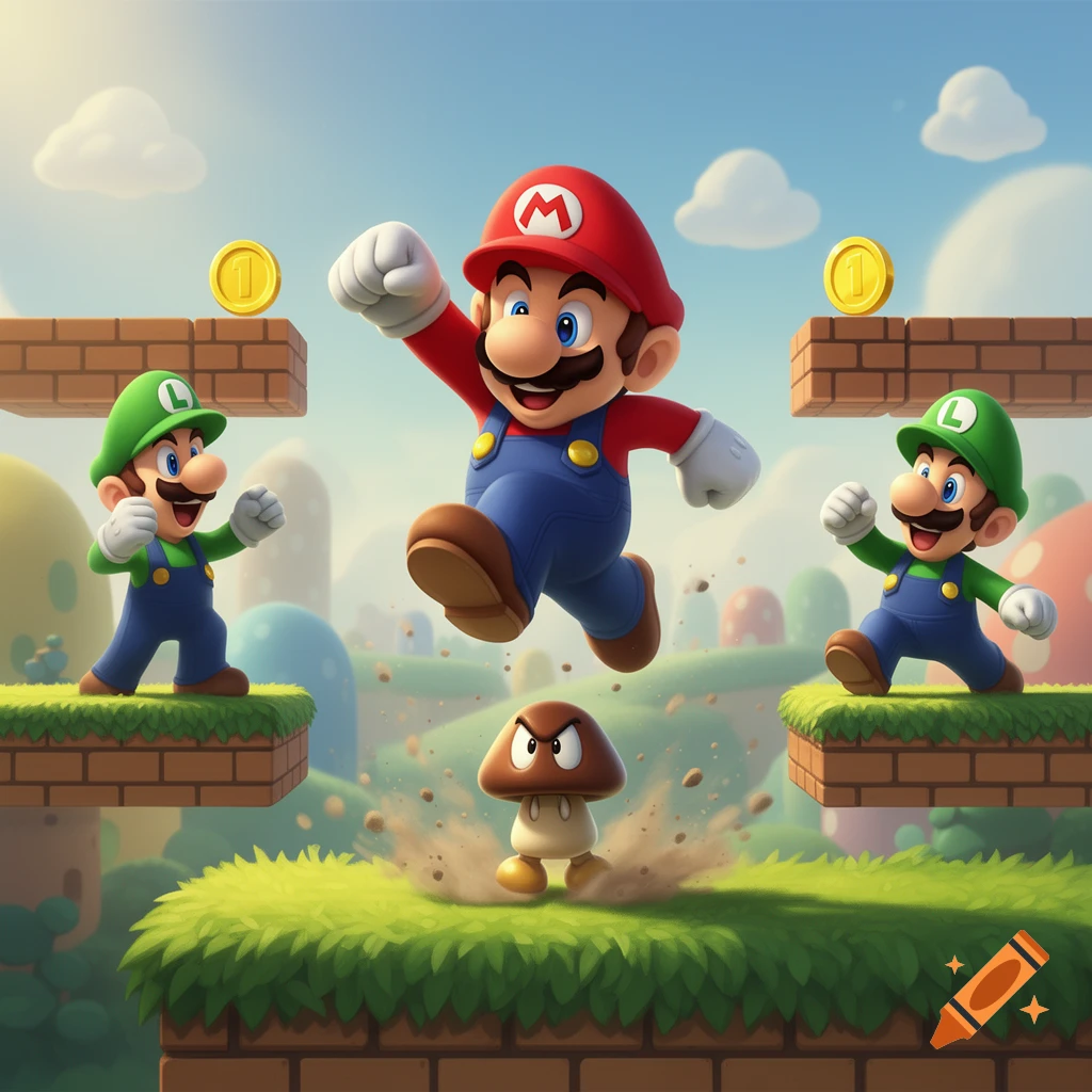 Mario jumping over a Goomba with Luigi in a bright, colorful platformer world.