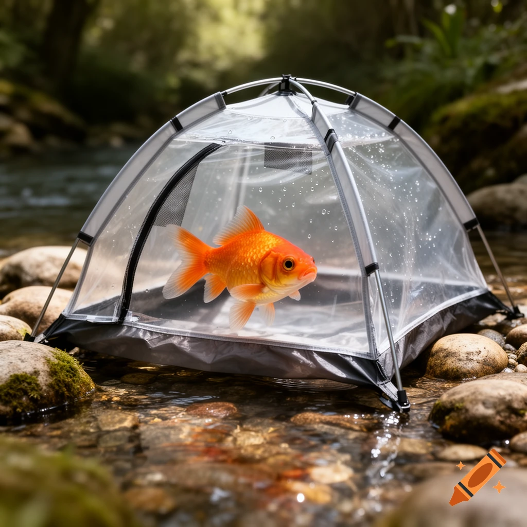 Photorealistic image of a bright orange goldfish inside a miniature tent set up in a shallow forest stream.