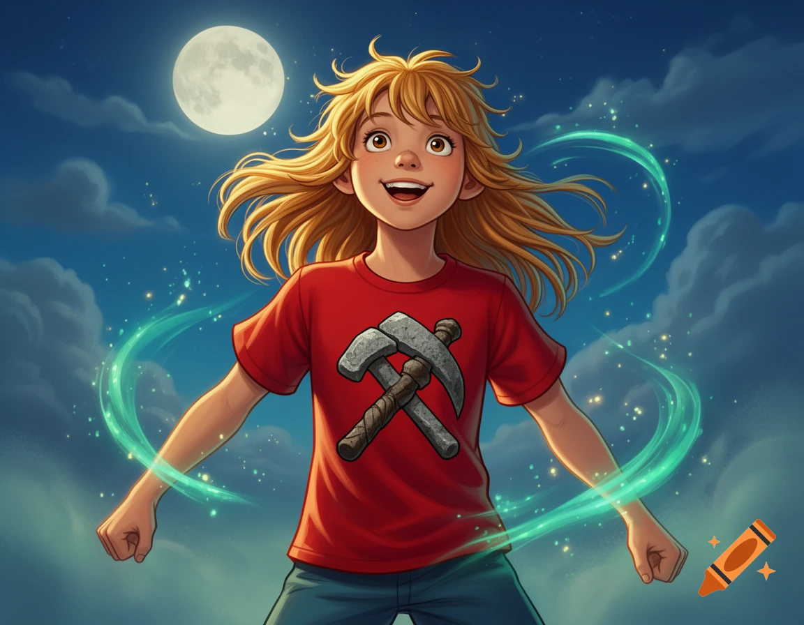 An anime-style digital illustration of a smiling blond girl in a red t-shirt with a hammer and sickle symbol, standing under a full moon with glowing green magical trails.
