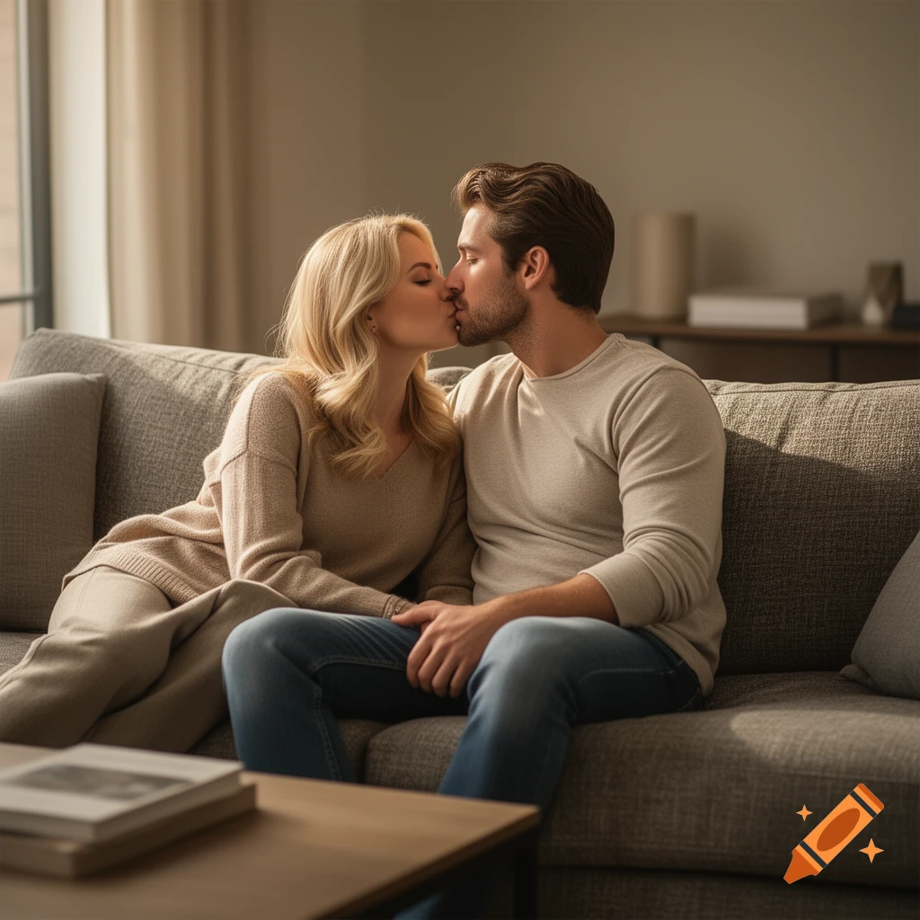 Photorealistic image of a blonde woman and a man kissing while sitting on a gray sofa in a living room.
