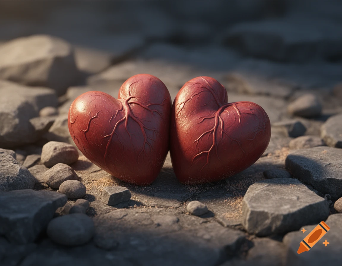Two 3D heart-shaped sculptures resembling anatomical hearts placed on a rocky ground.