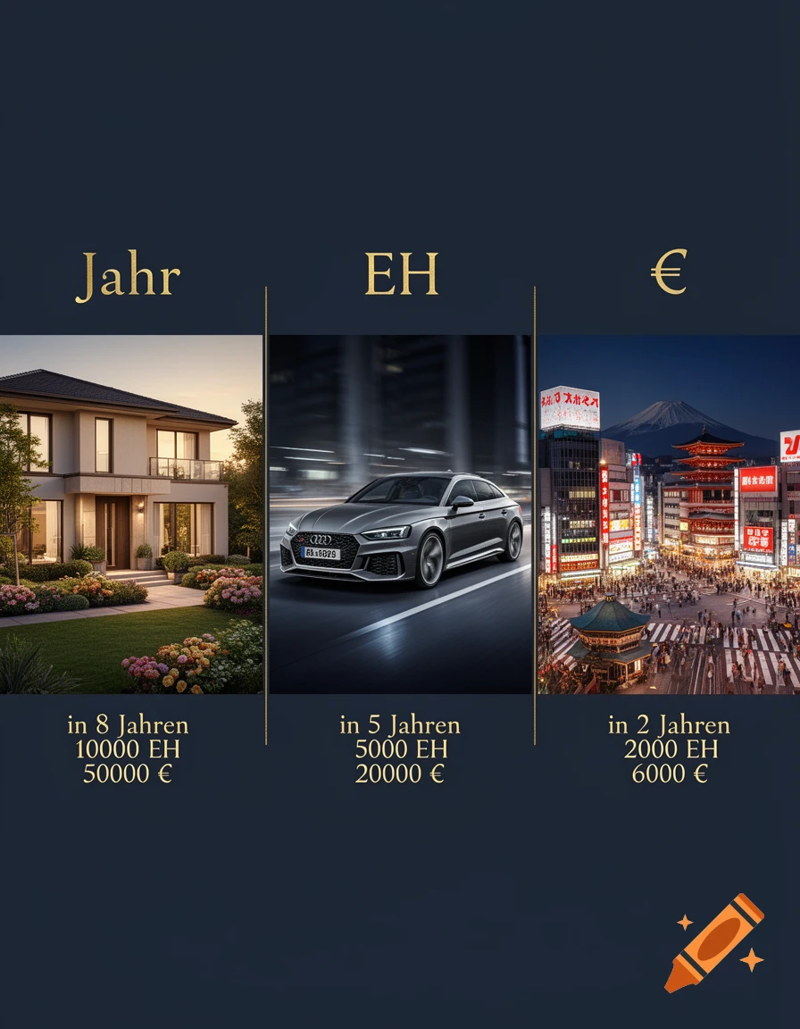 Goal collage with three panels showing a house, a car, and Tokyo with text for years, EH, and euros.