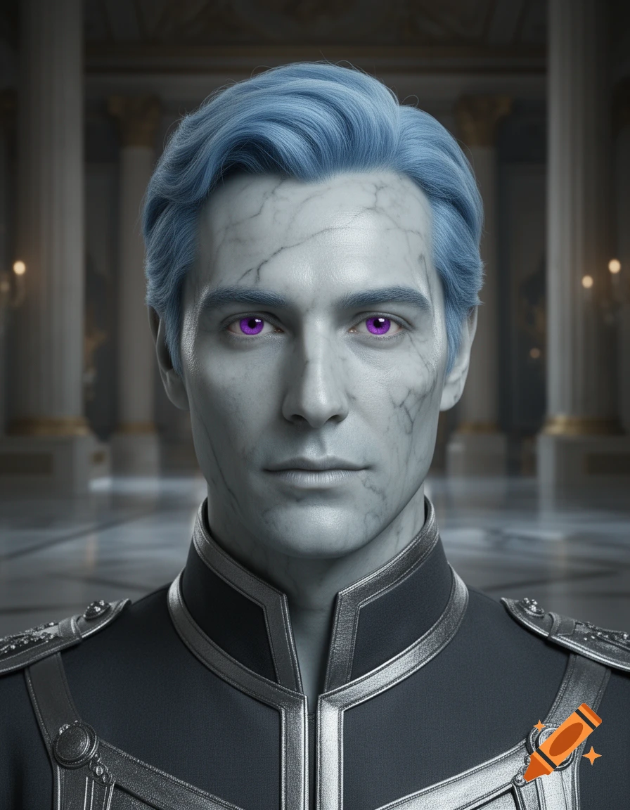 Photorealistic portrait of a regal man with grey marble-like skin, bright purple eyes, and short light blue hair, wearing a high-collared dark uniform in a palace setting.