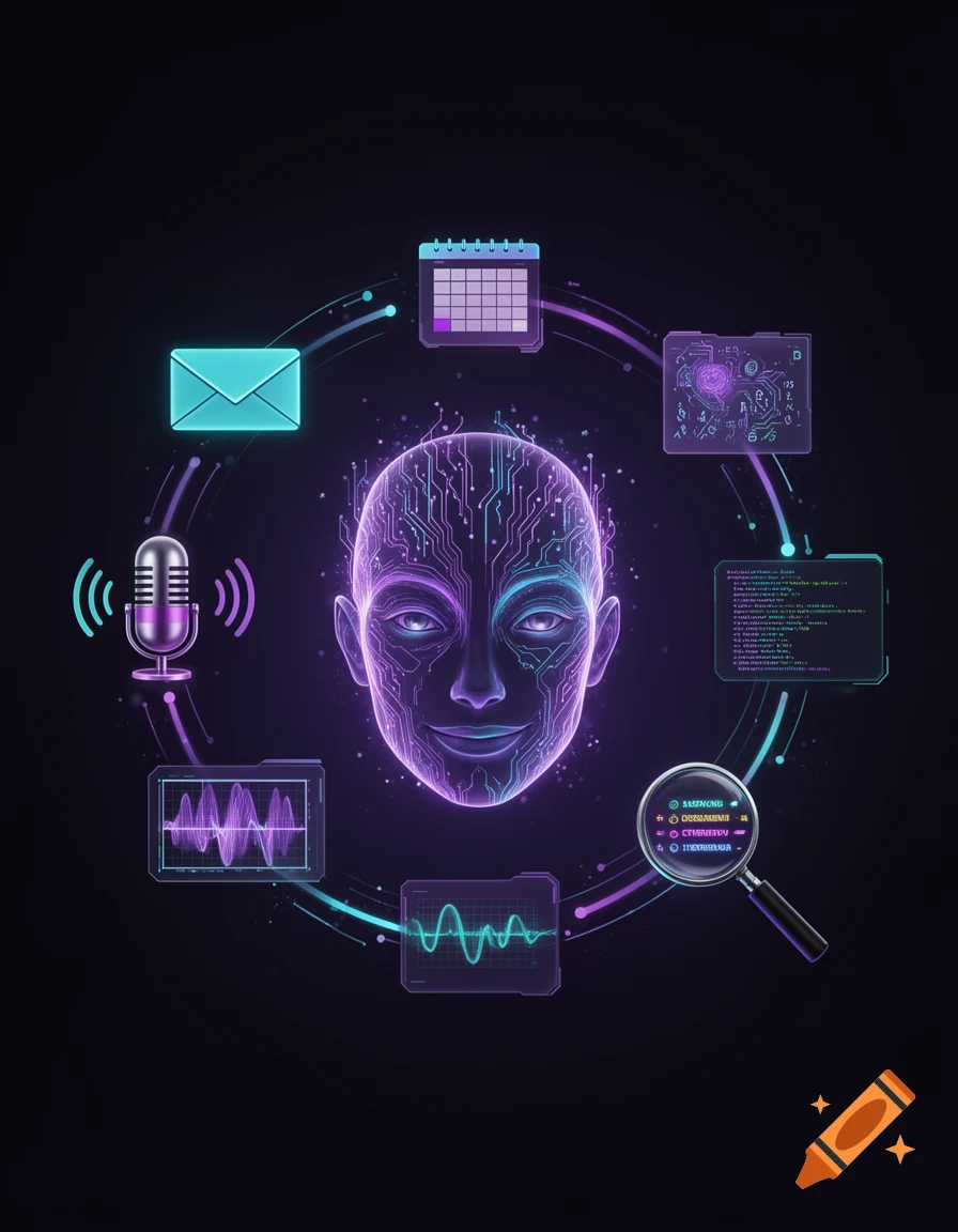 Futuristic digital avatar head with neural light lines surrounded by glowing tech icons in neon purple and cyan.